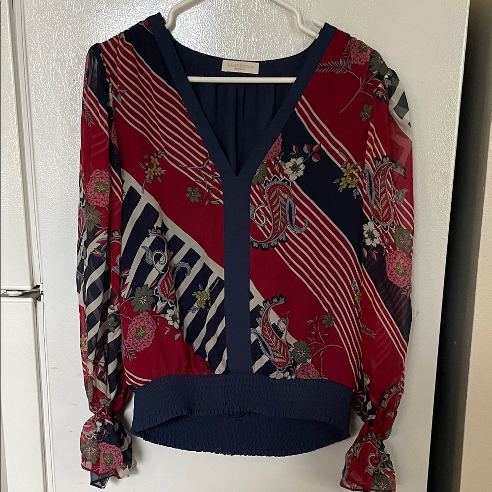 Ramy Brook Red and Blue Patterned Blouse